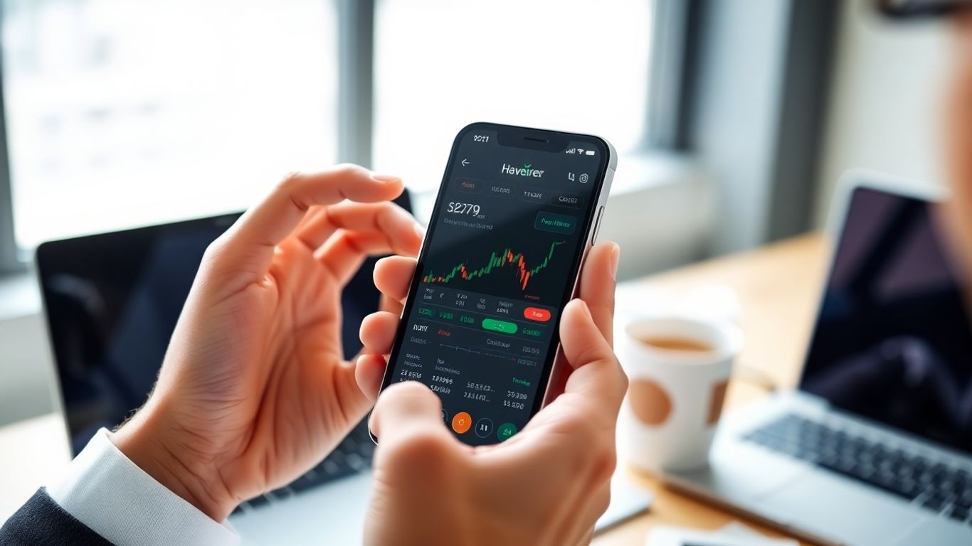 Person using trading app on smartphone in modern workspace