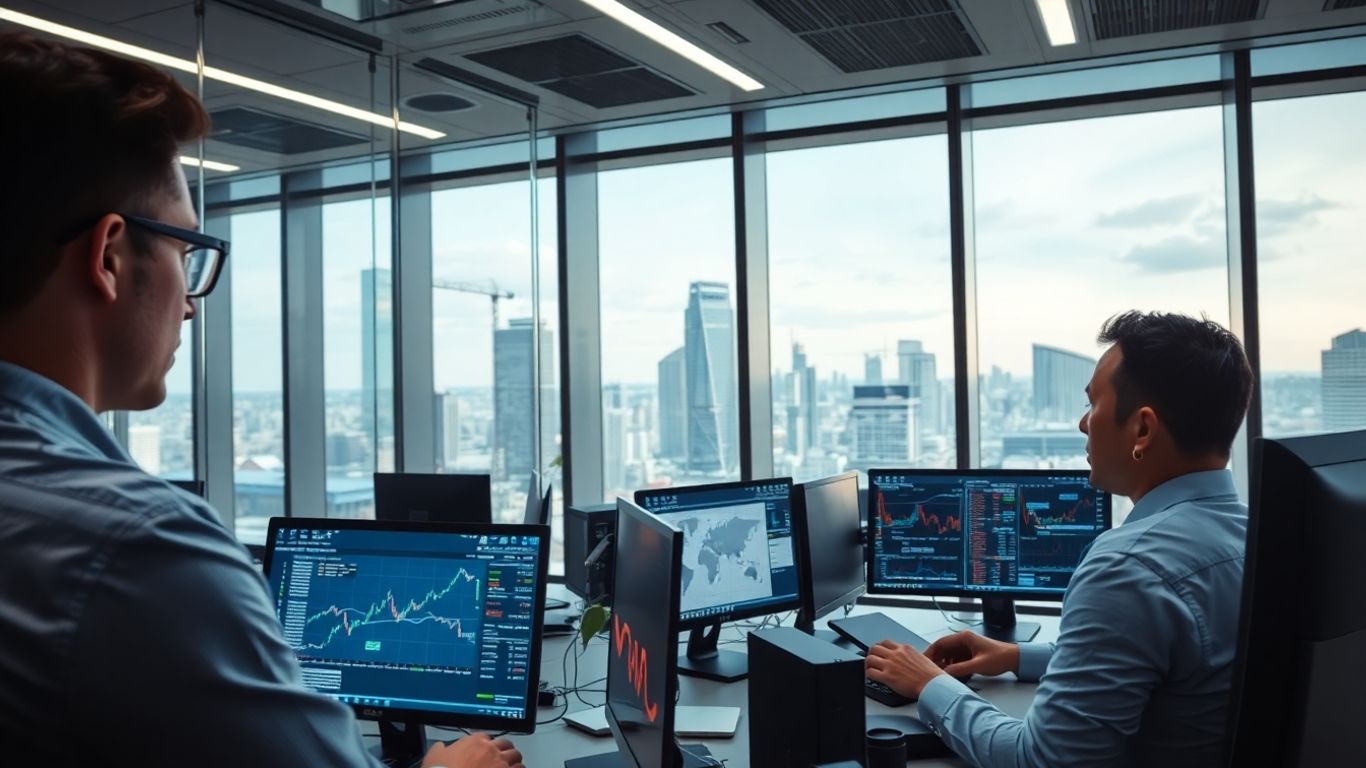 Professional traders in a high-tech office trading environment