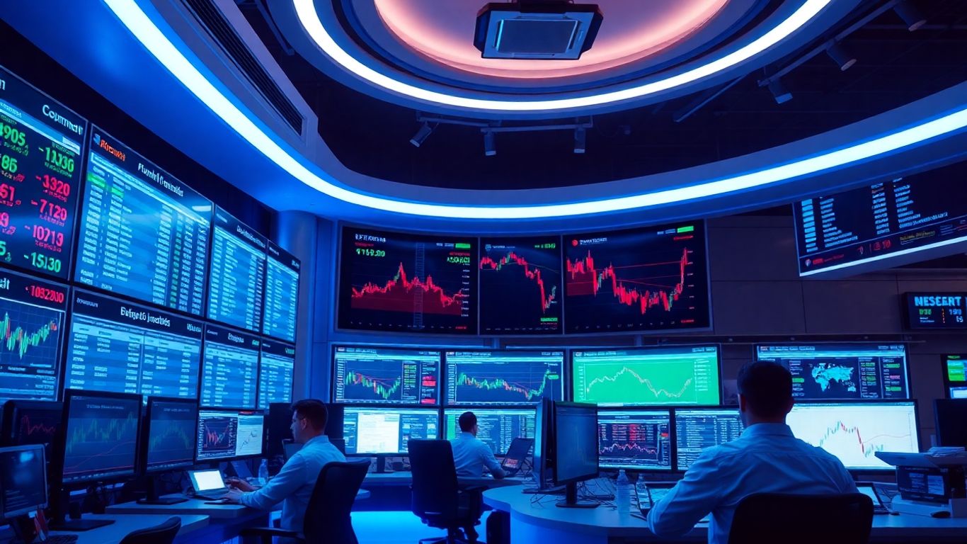 Futuristic trading office with computers and analysts