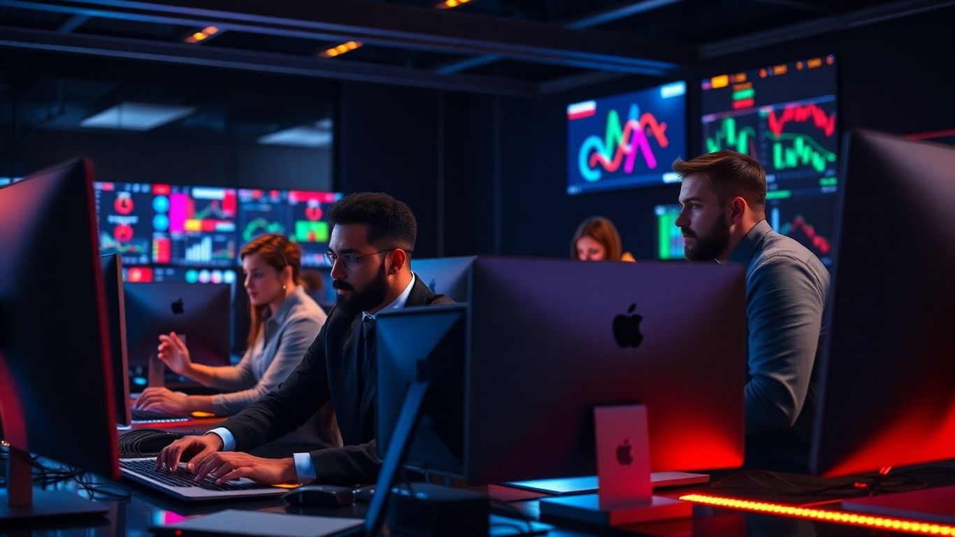 Modern traders in a high-tech futuristic office workspace