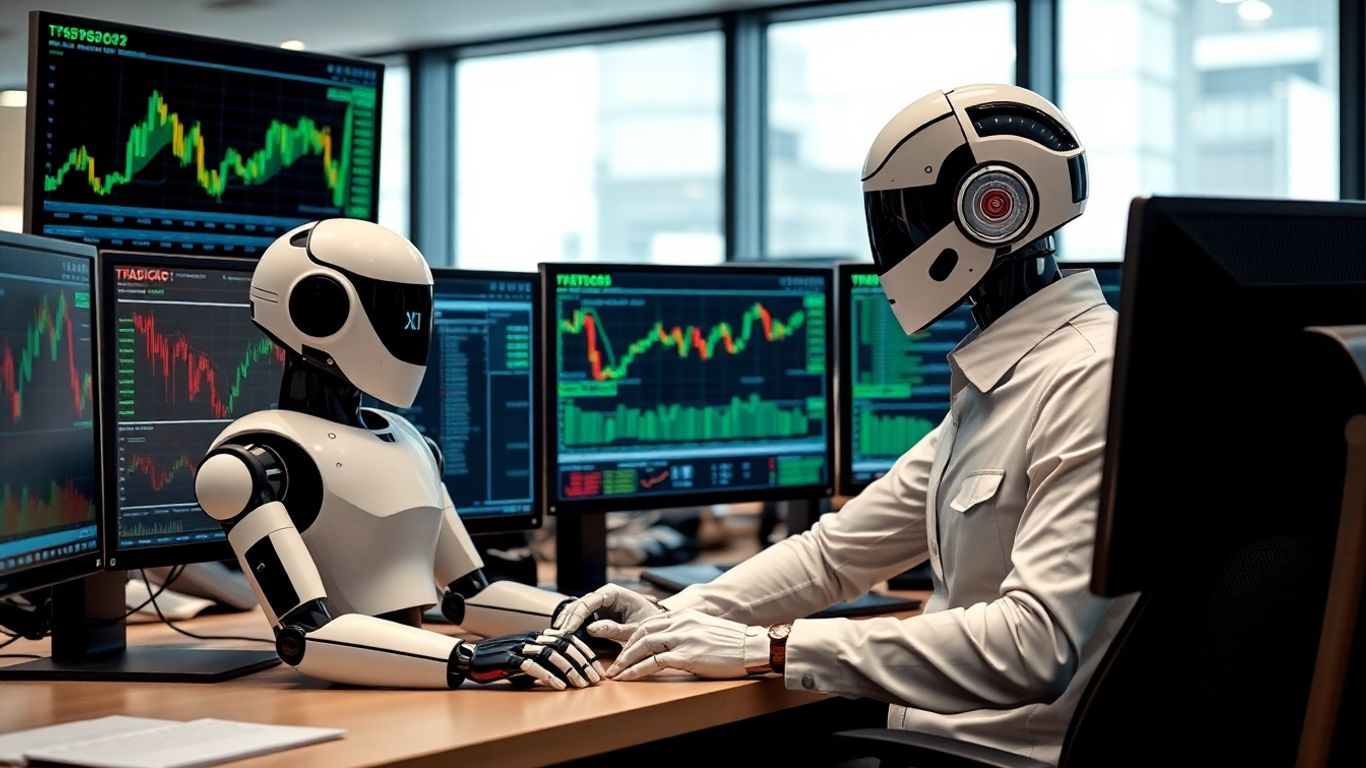 Robot and human trader at office trading desk