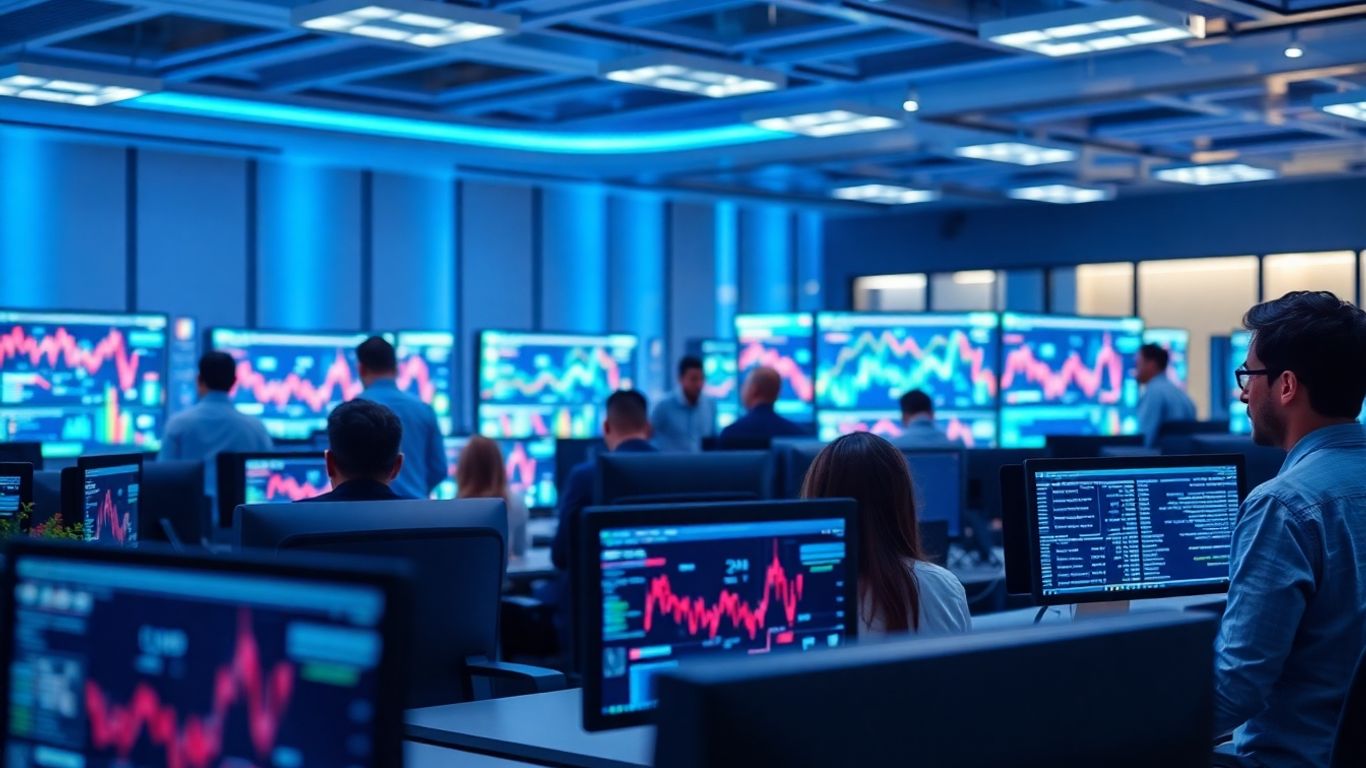 Professionals in modern office analyzing AI stock trading data