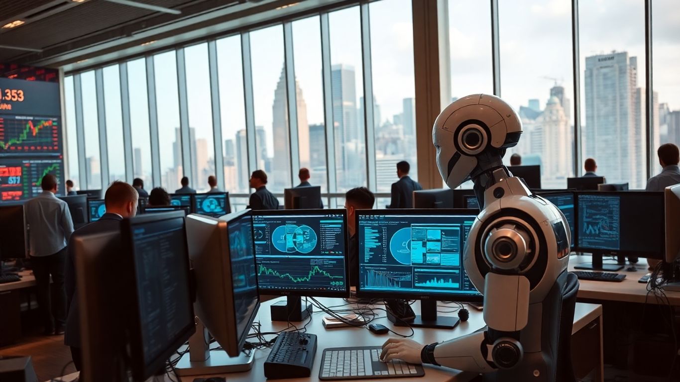 AI robots and traders on a modern trading floor