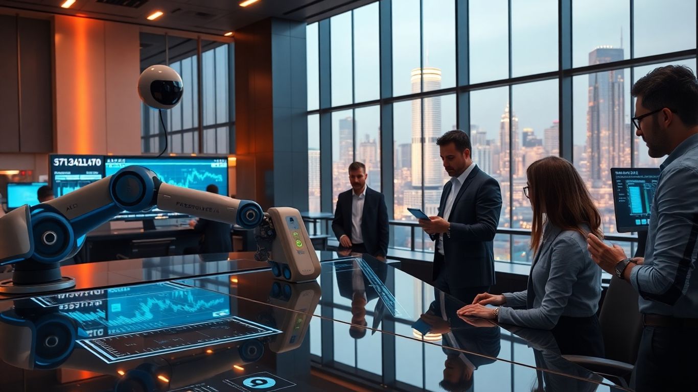 AI robots and humans collaborate in modern trading floor.
