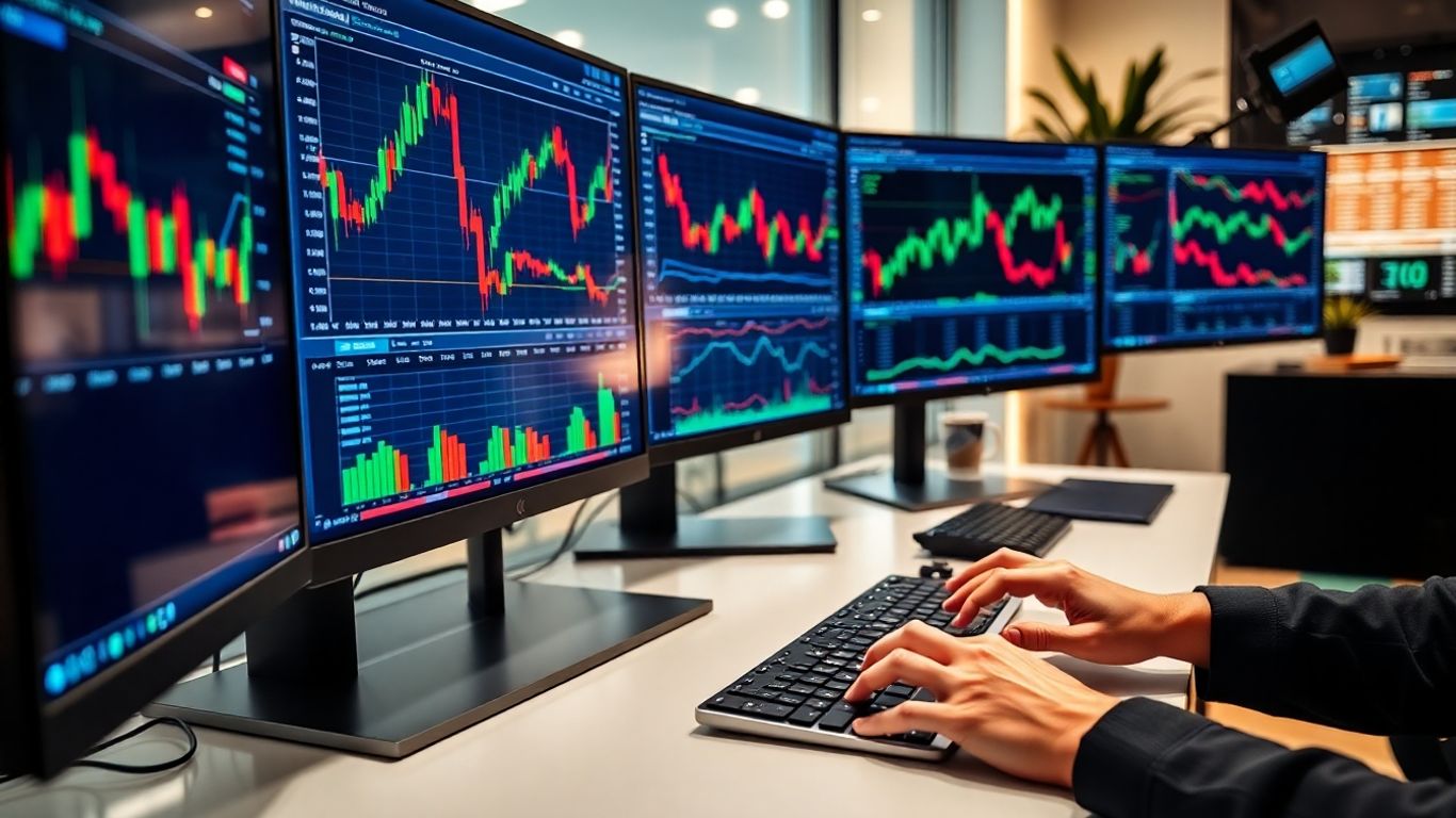 Person trading with computer screens in home office.