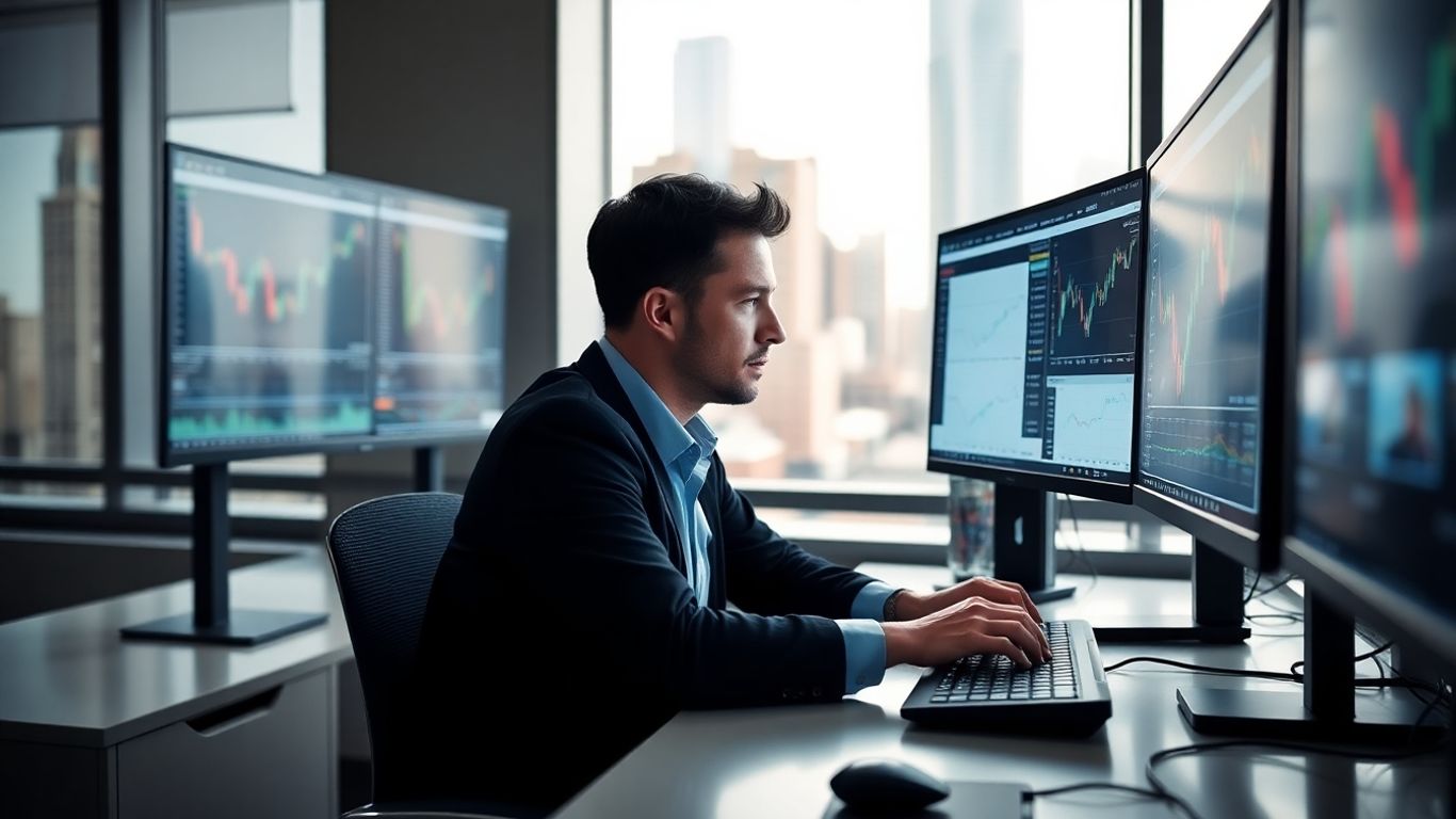 Trader focused at workstation in modern office