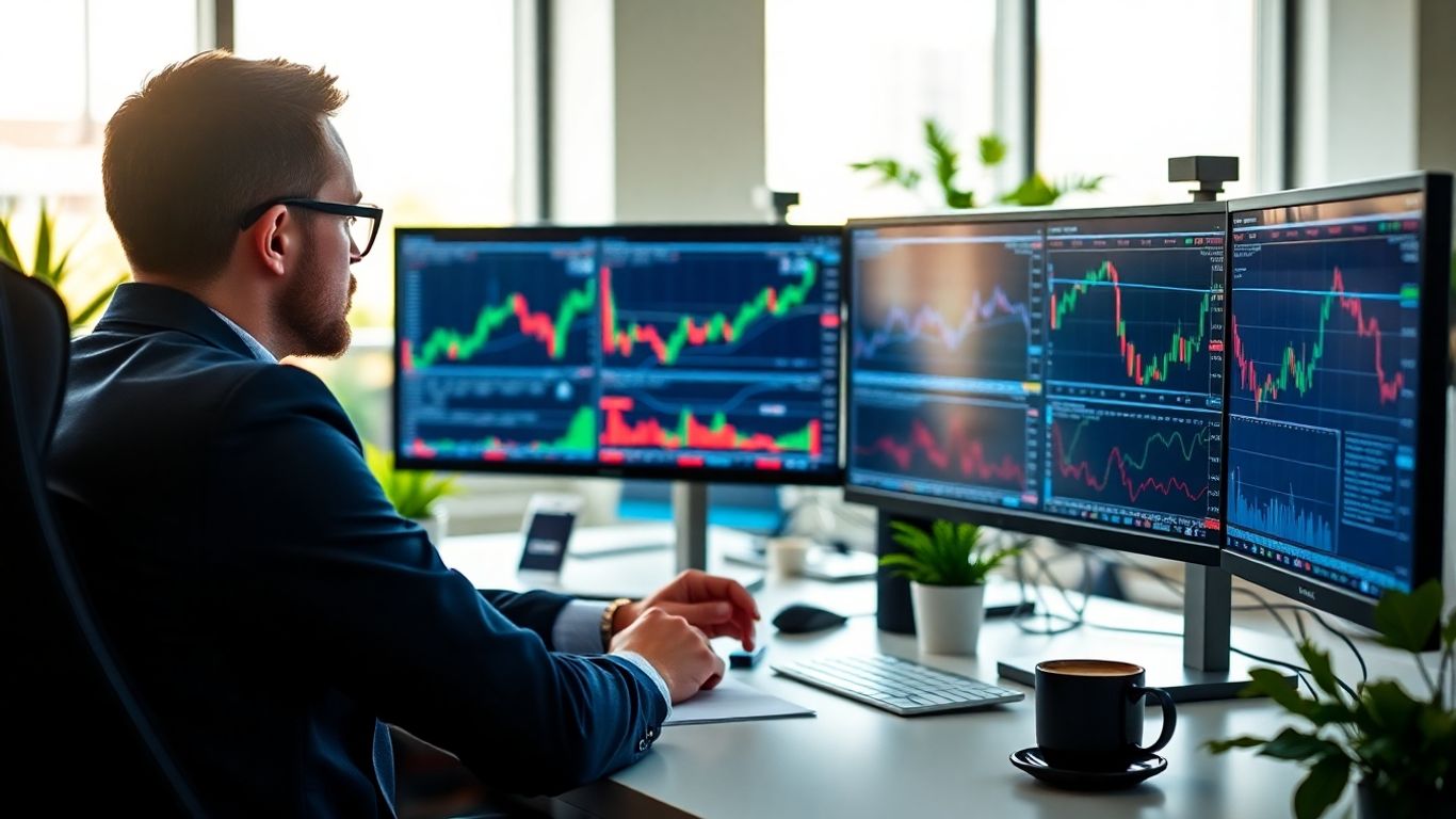 Trader at desk with financial charts on monitors.