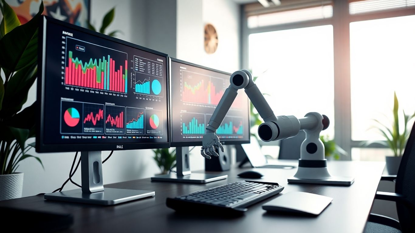Robotic arm at computer monitors in modern office.