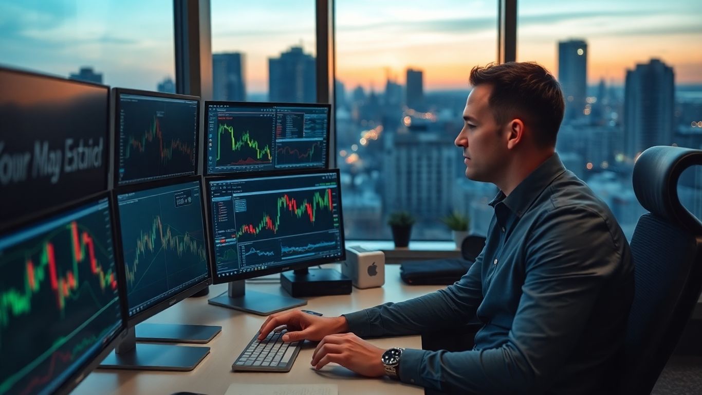 Trader reviewing market data in a contemporary office.