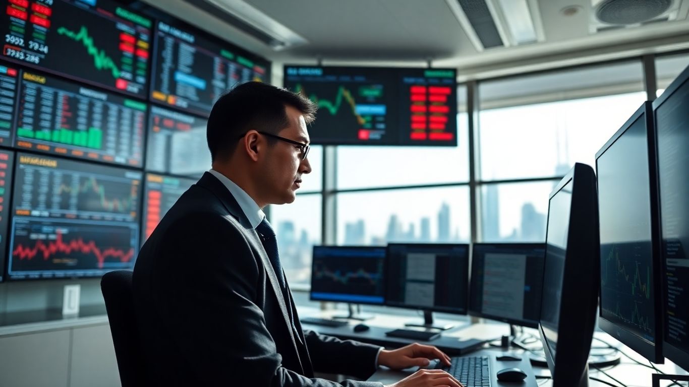 Focused trader in office analyzing multiple monitors