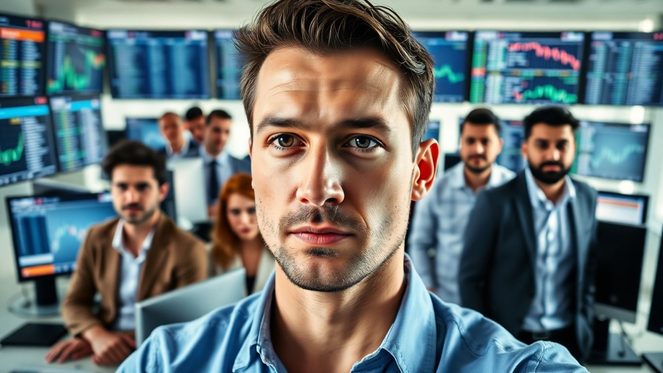 Trader in office with multiple trading monitors