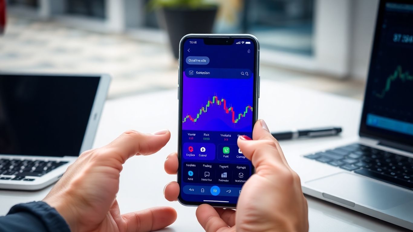 Modern smartphone with trading app and tech devices