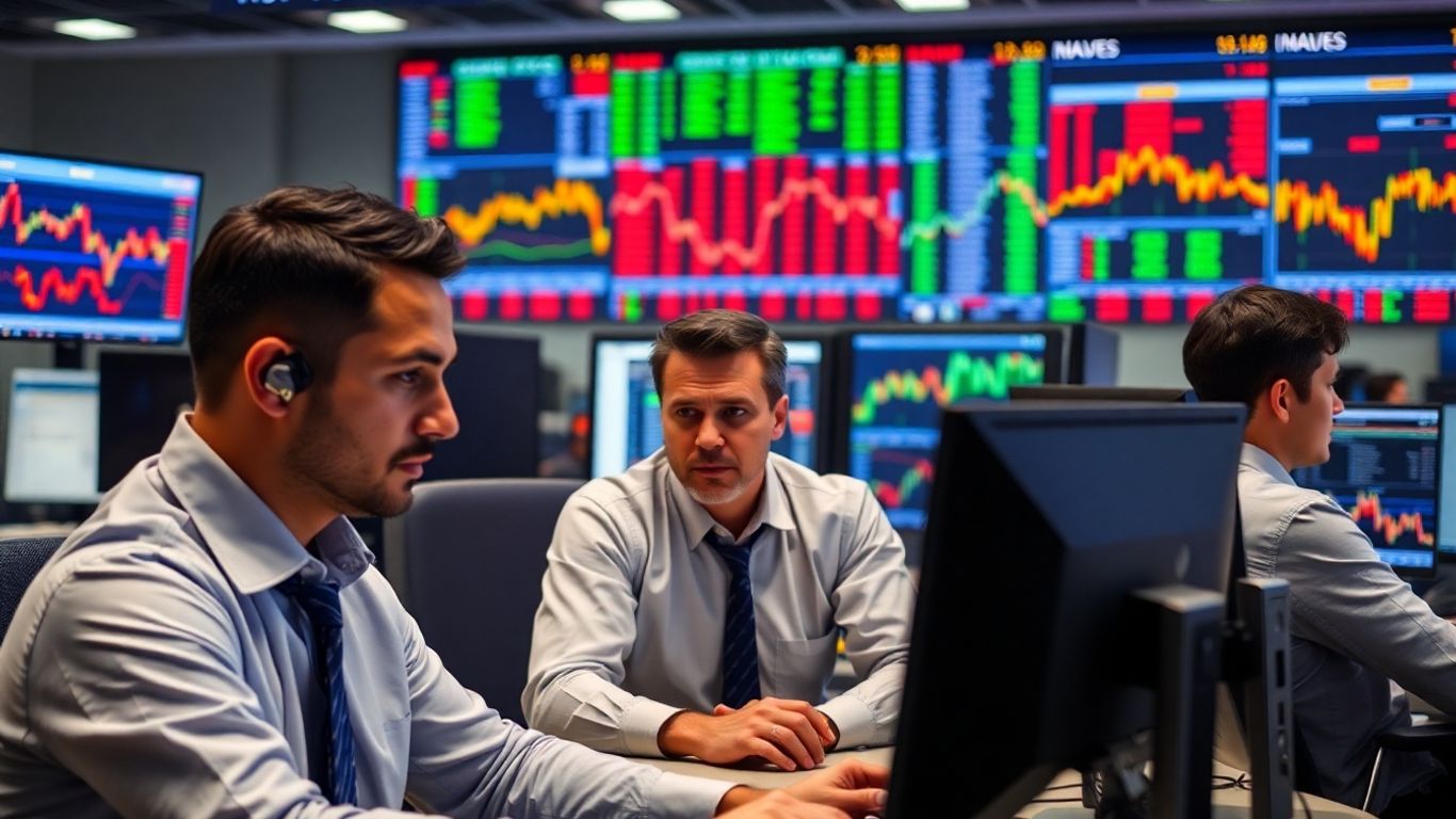 Traders analyzing multiple screens in a modern office