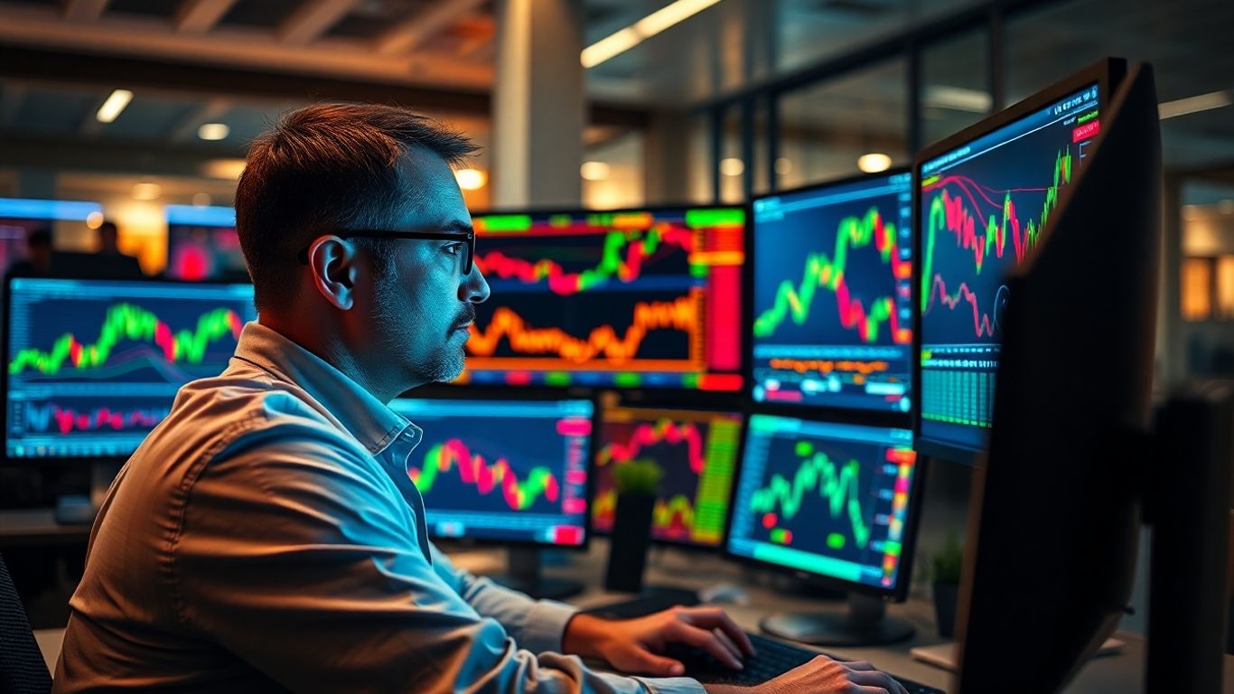 Trader analyzing charts on multiple screens in modern office