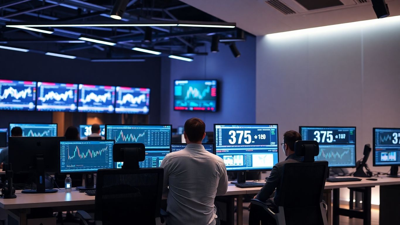 Traders monitoring bots in a high-tech office environment.