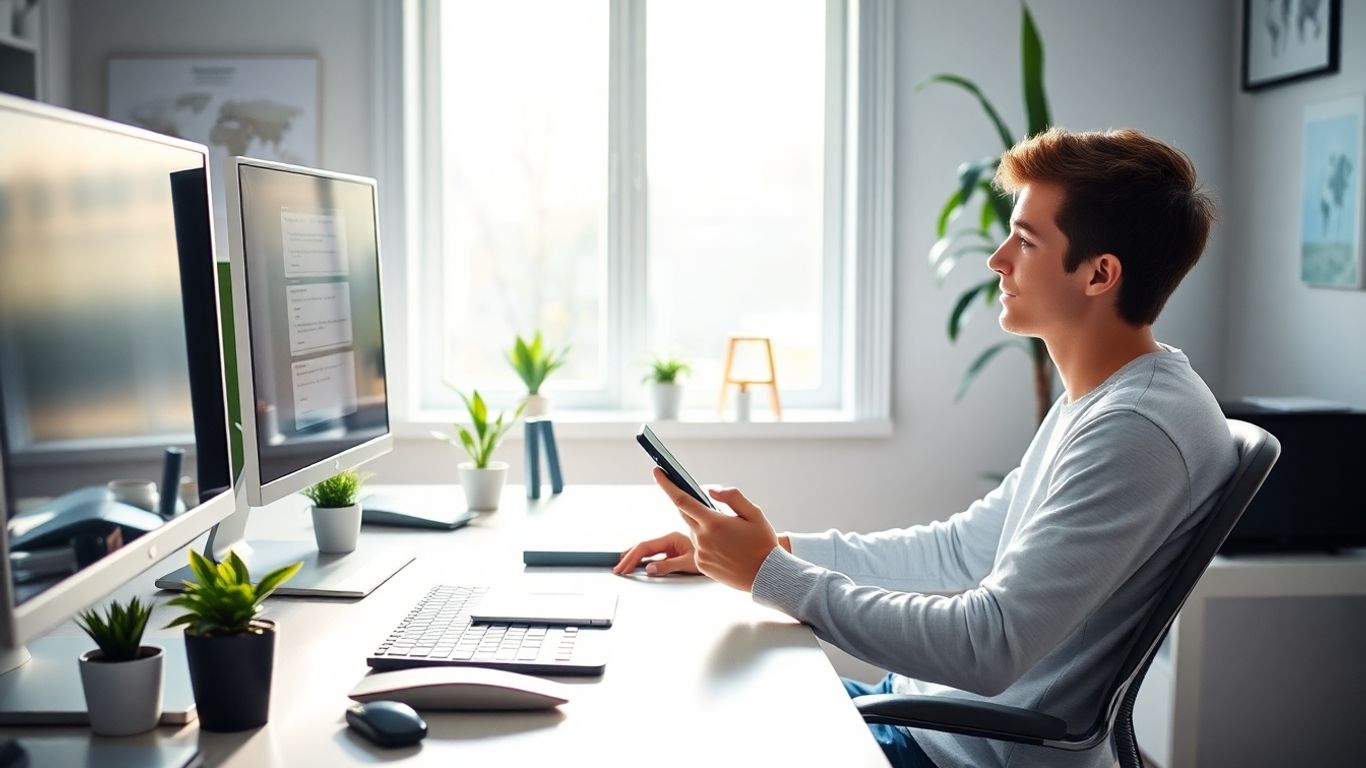 Young trader at desk with computers and smartphone.