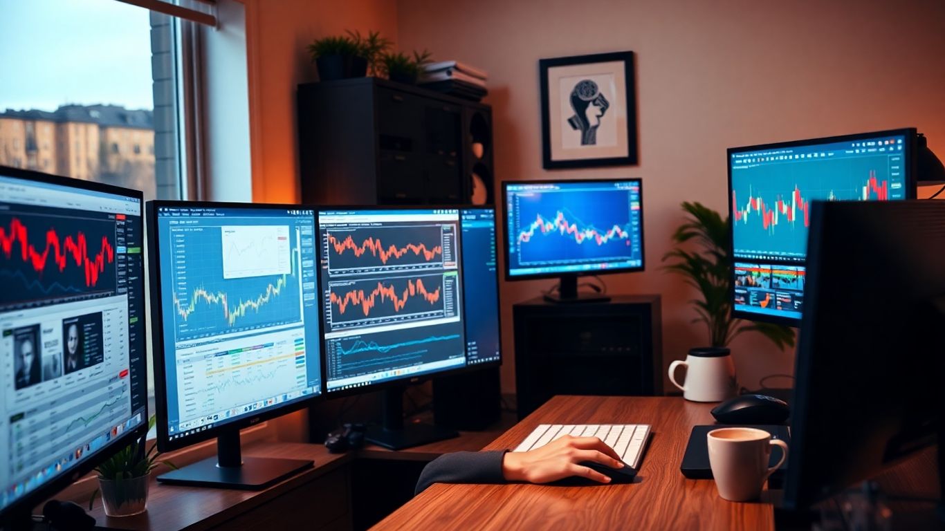 Person trading at home with computer monitors
