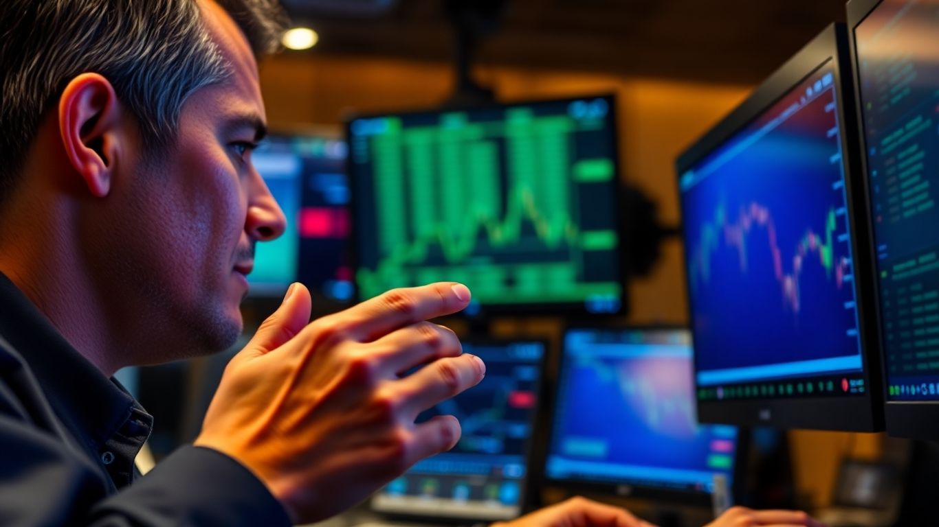 Trader analyzing in high-tech financial trading room.
