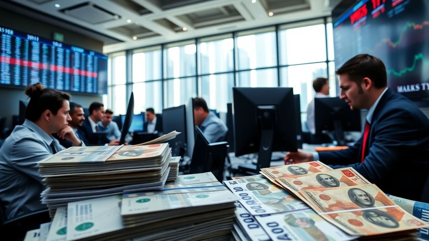 Traders at desks with stacks of international currency bills.