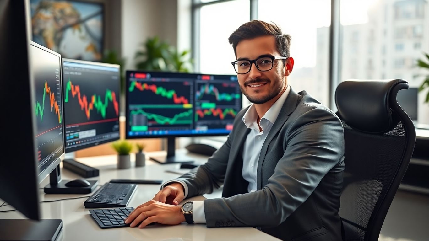 Confident forex trader at desk with monitors in office