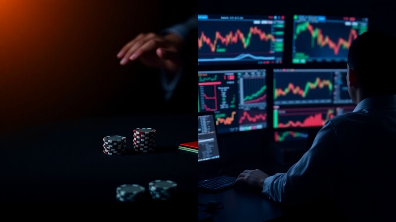 Poker table and stock trader in modern dark theme
