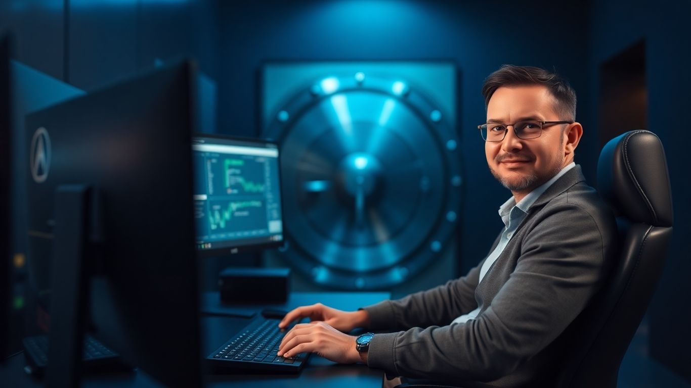 Modern trader at dark-themed workstation with secure atmosphere