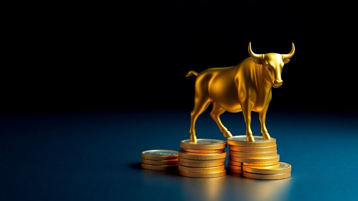 Bull on stacked gold coins, dark minimal modern style