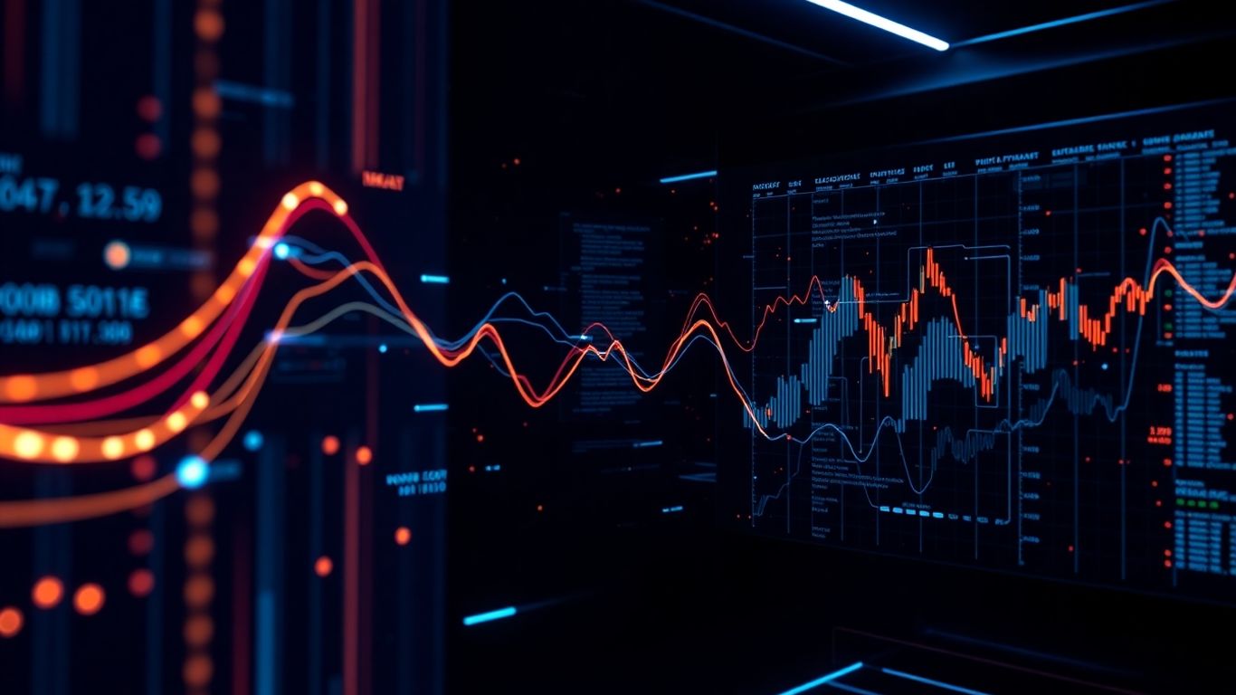 AI trading app interface with glowing data streams.