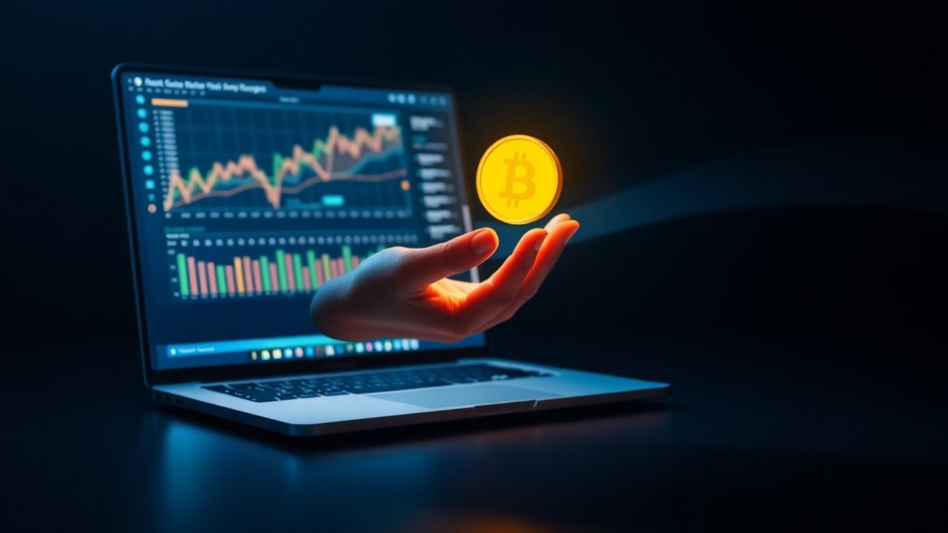Modern desk with glowing laptop and golden coin.