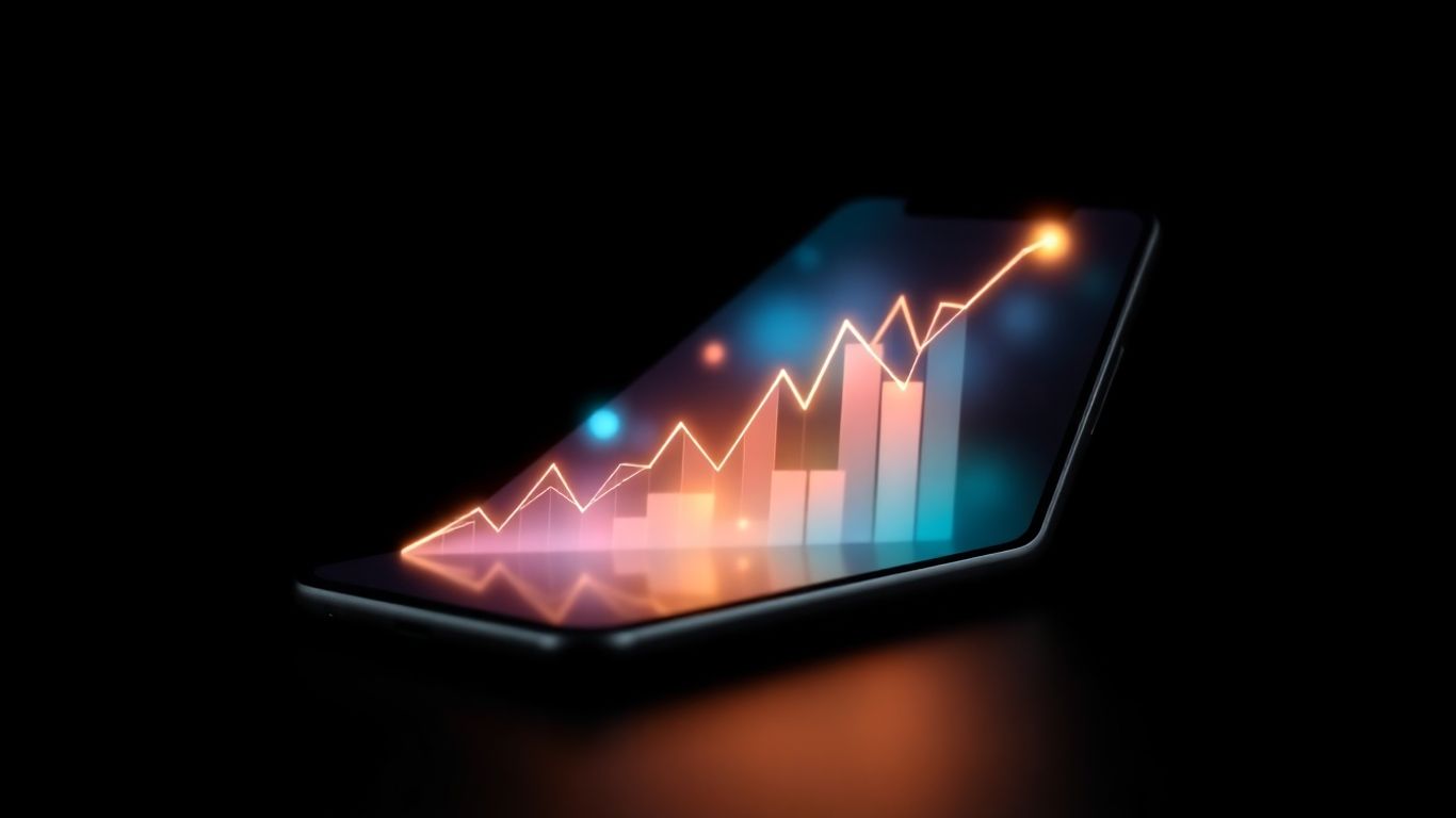 Smartphone showing abstract financial market visualization.