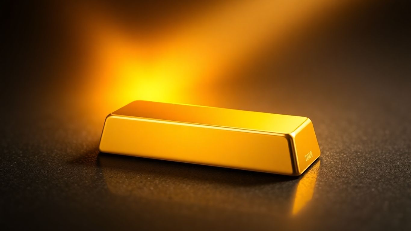 Gold bar with abstract light rays on dark background.