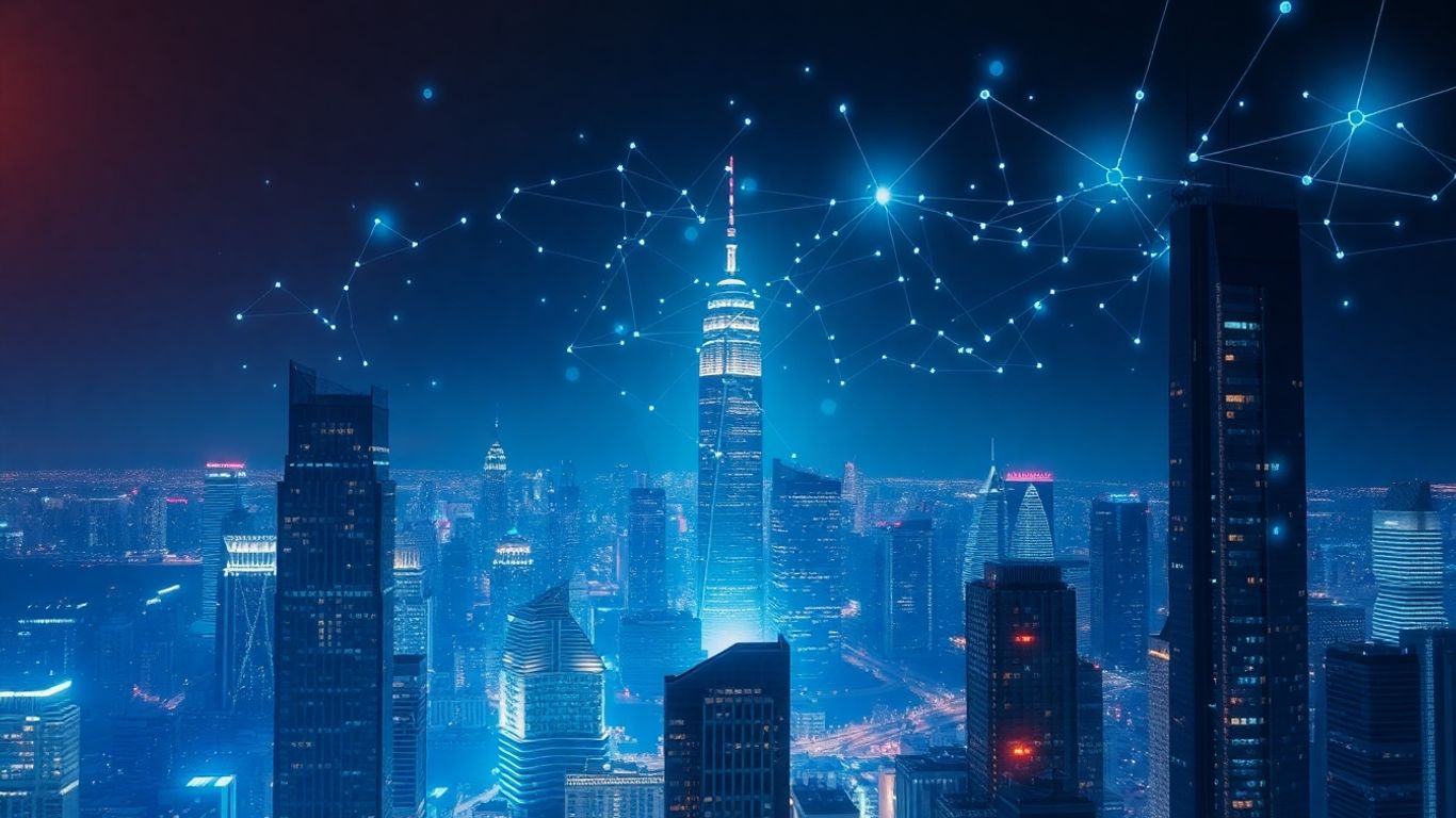 Futuristic city with glowing neural networks and quantum effects.
