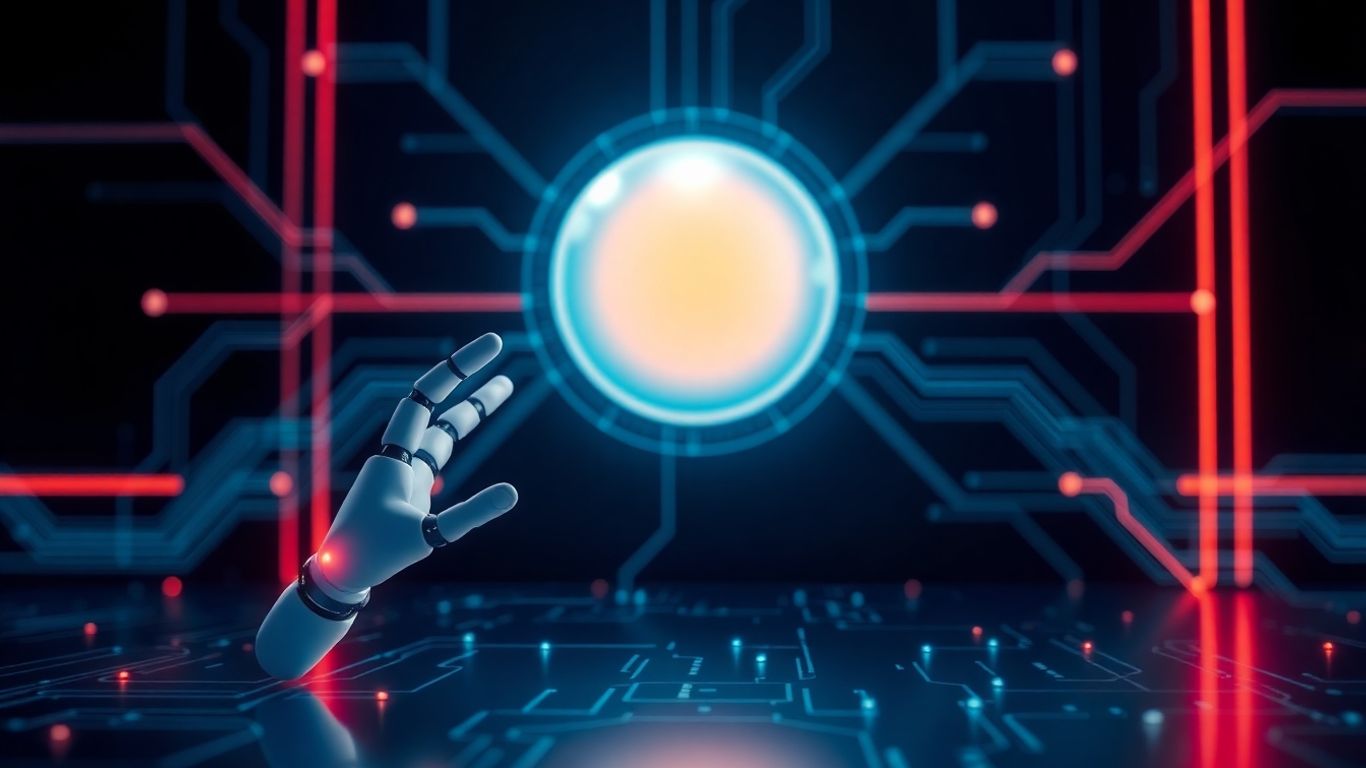 Futuristic AI trading interface with glowing circuits and robotic hand.
