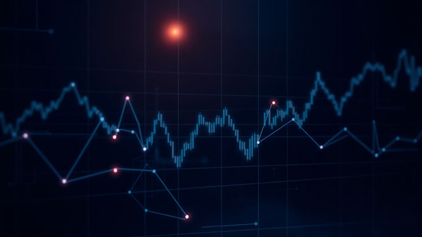 Modern dark-themed trading interface with abstract data visualization.
