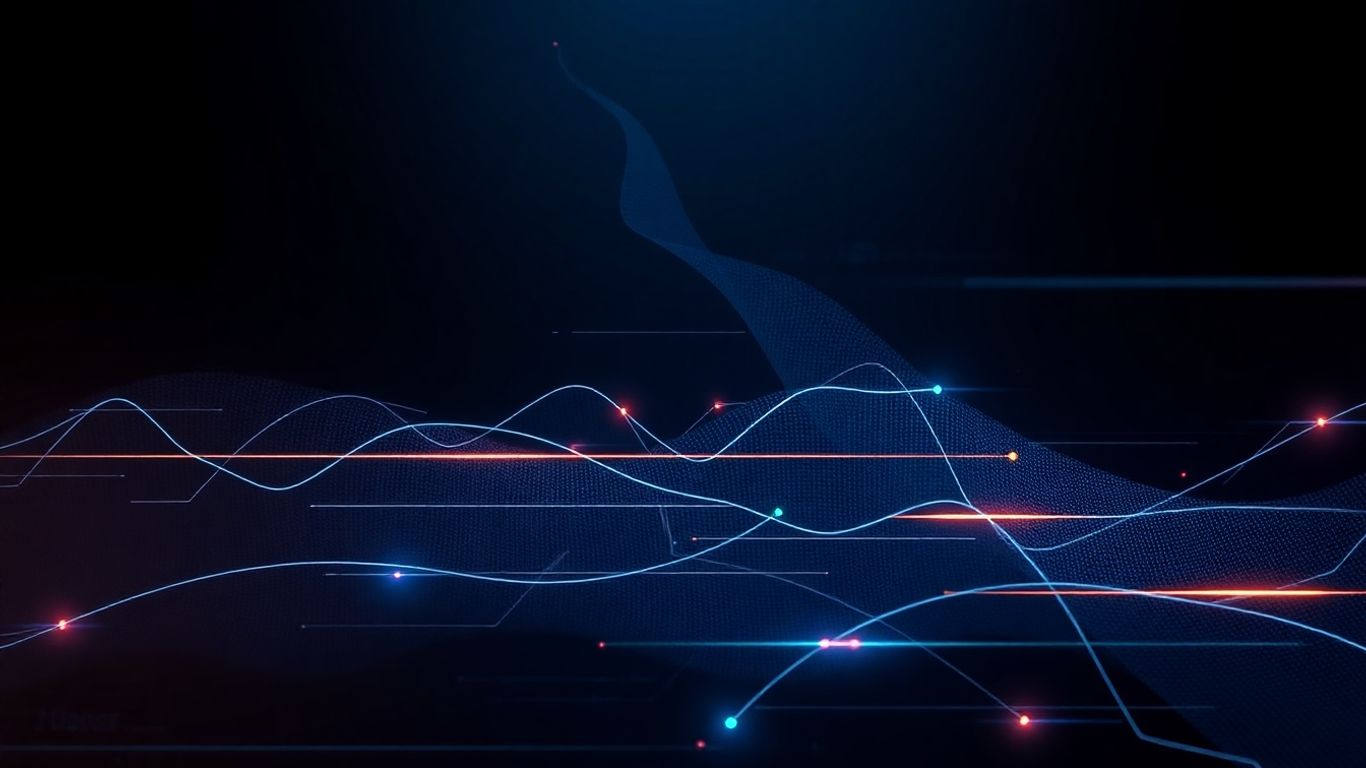 Abstract dark theme with glowing lines and shapes.