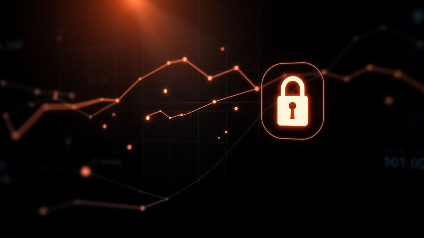 TradingView interface with glowing financial data and padlock.
