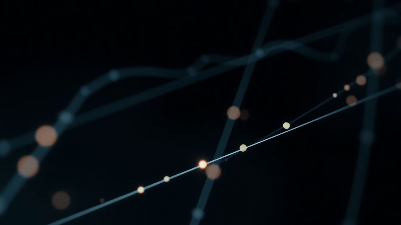 Abstract trading visualization with intersecting lines and glowing orbs.