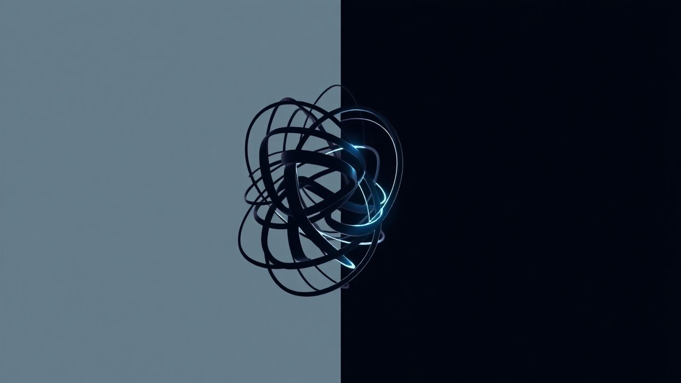 Tangled knot transforming into a clear path, dark theme.