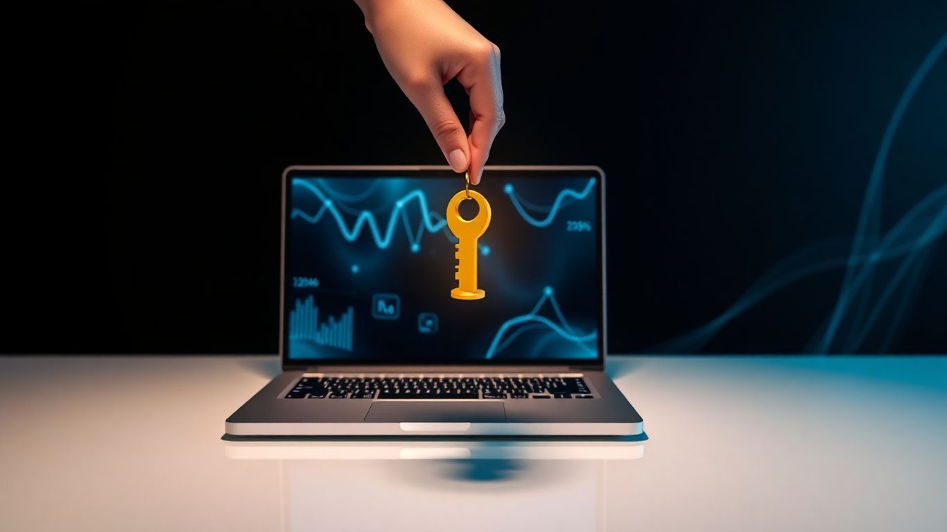 Modern desk with glowing laptop and golden key.