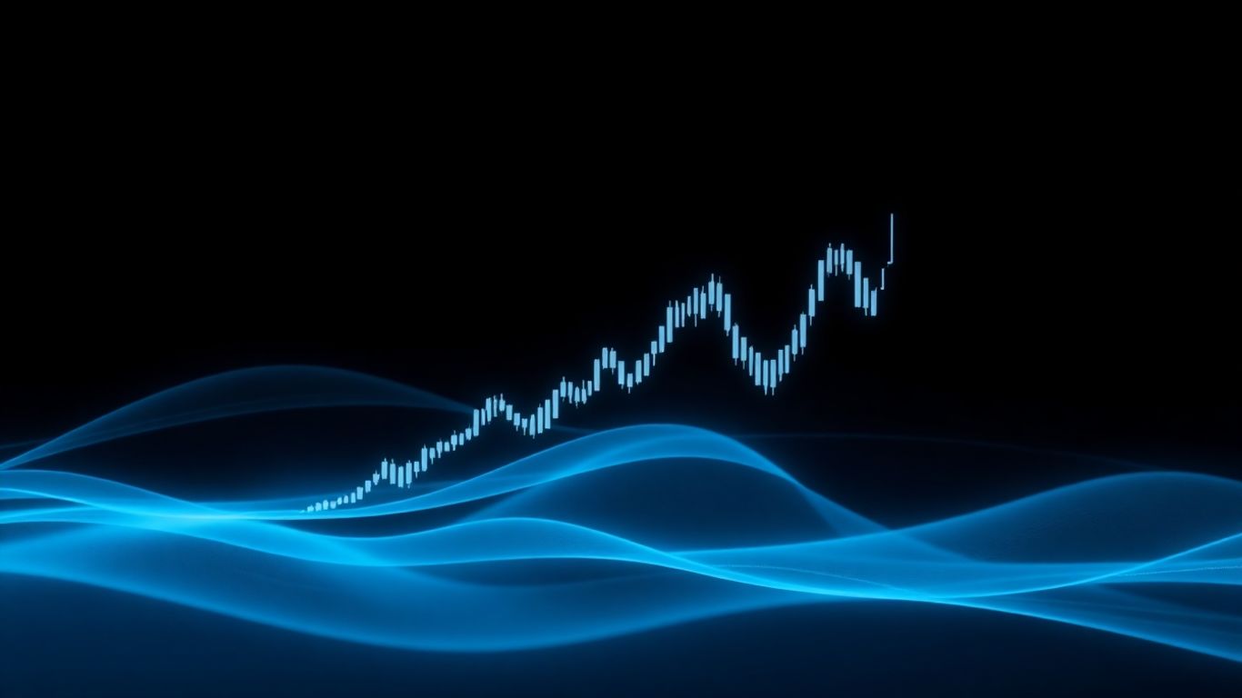 Automated trading interface with abstract code and chart elements.