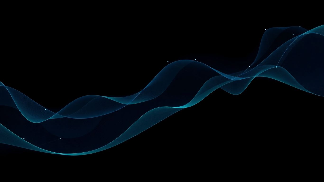 Abstract dark theme with blue and green flowing lines.