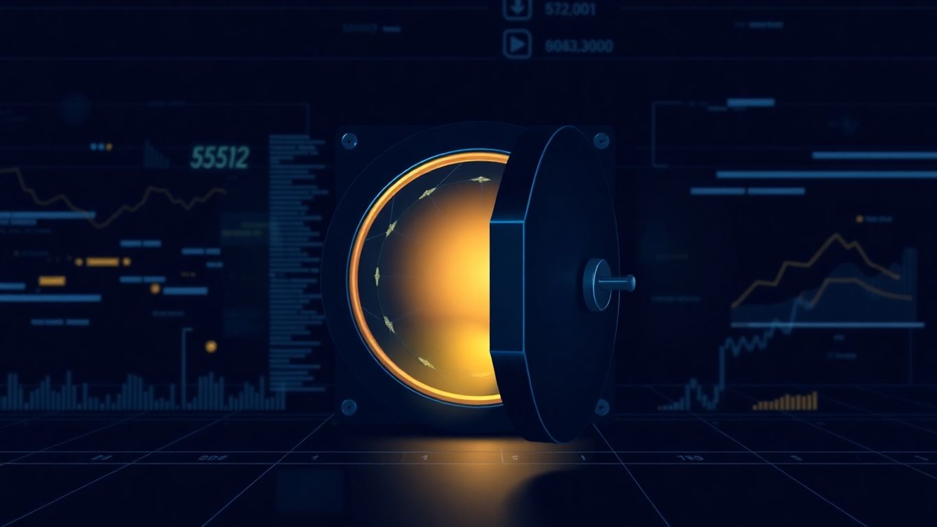 Futuristic vault with glowing financial data streams.