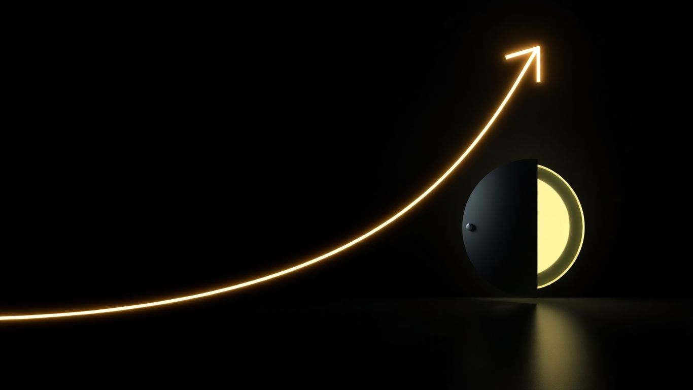 Dark background with glowing financial trend and vault door.