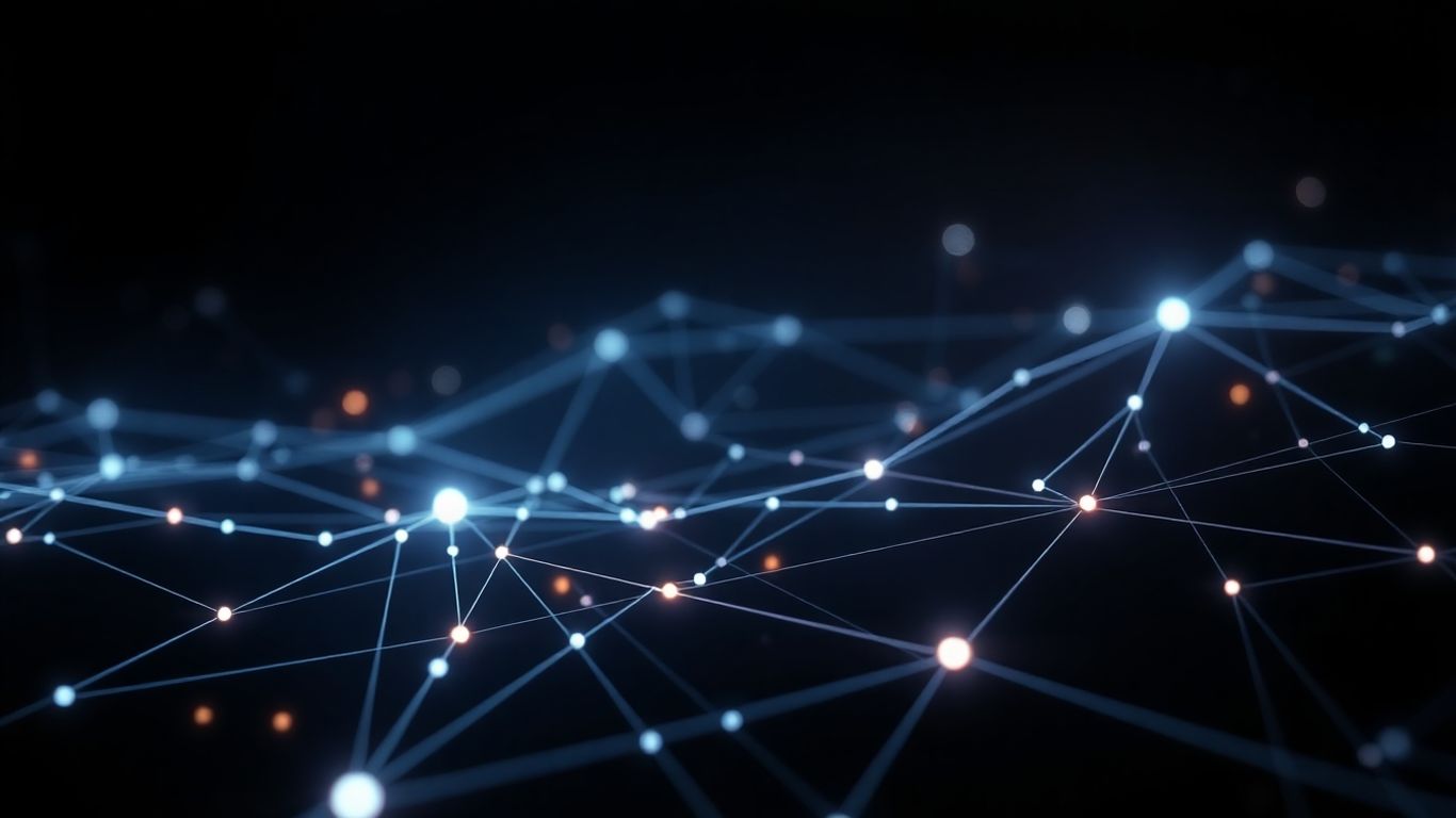 Abstract digital pathways and glowing nodes on dark background.