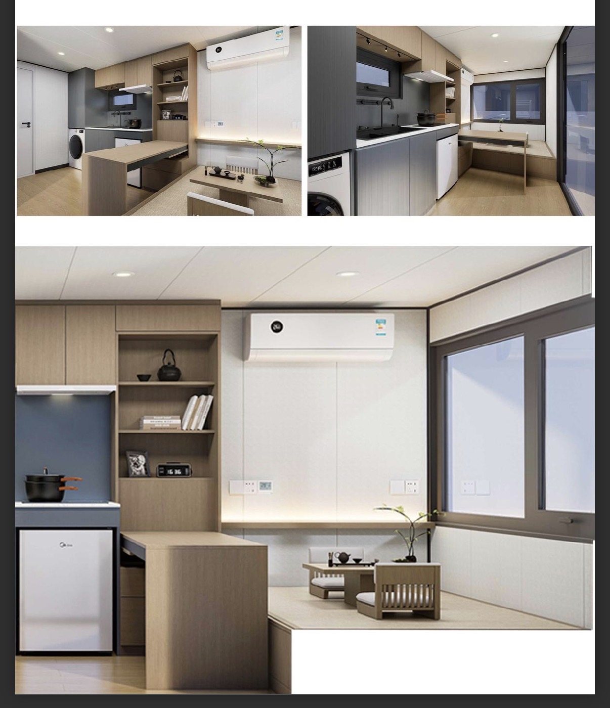 CaliSlide tiny home interior with kitchen, bed, desk and window