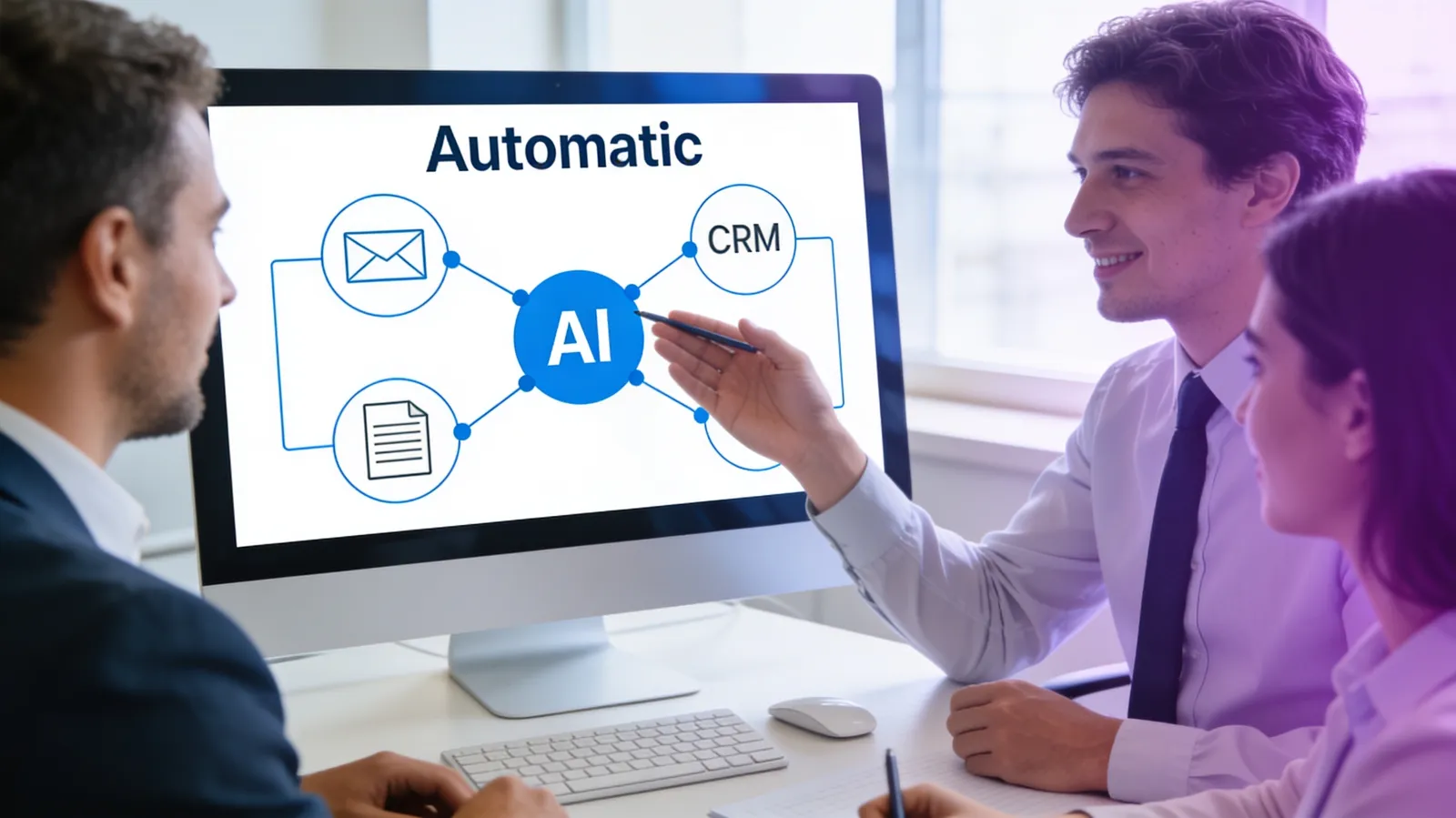 Operations team reviewing an automated AI workflow that connects email, CRM, and documents
