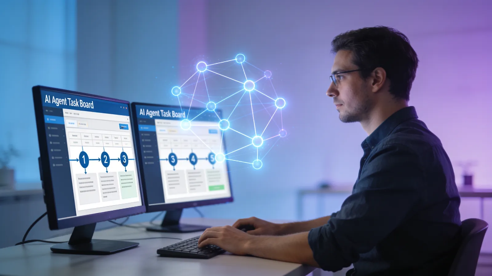 Software engineer monitoring an AI agent completing multi-step tasks across business systems