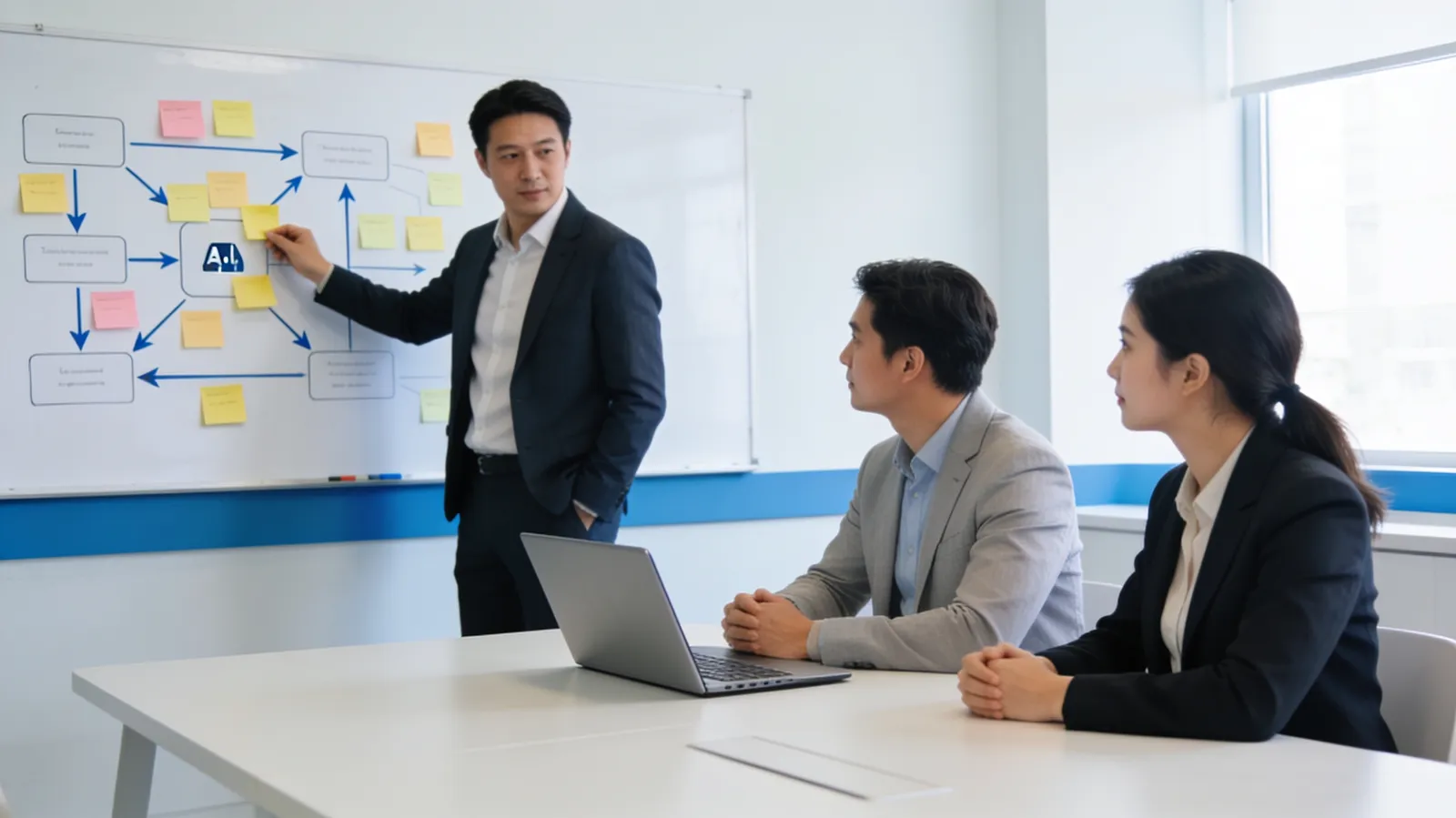 AI consultant mapping business processes on a whiteboard with company leaders
