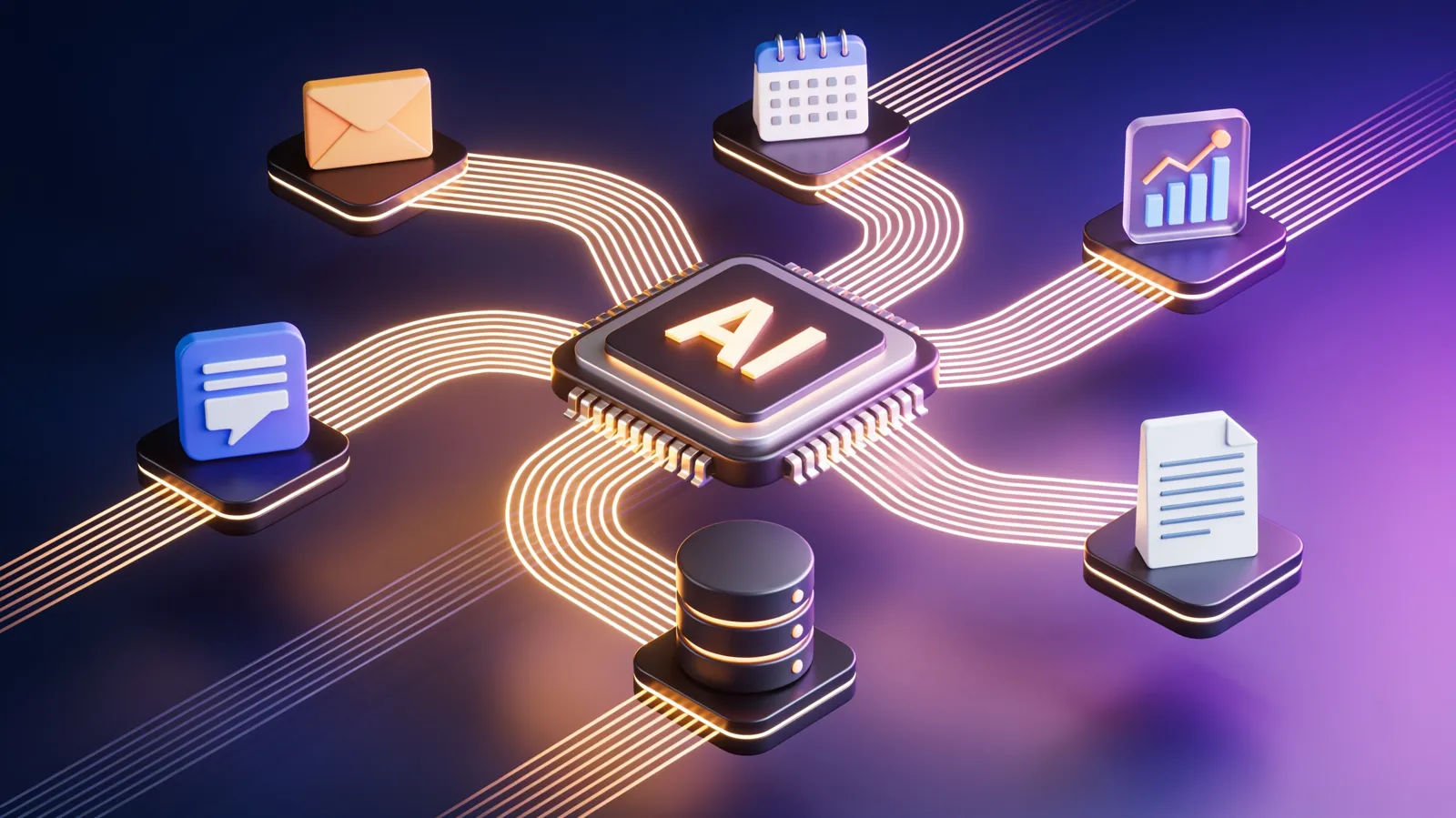 Business apps for email, calendar, data, and documents connected through an AI workflow automation hub