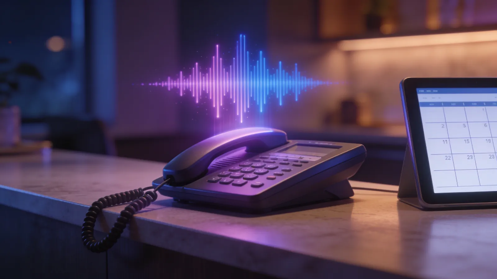 Office phone with a glowing sound wave representing an AI voice agent answering calls after hours